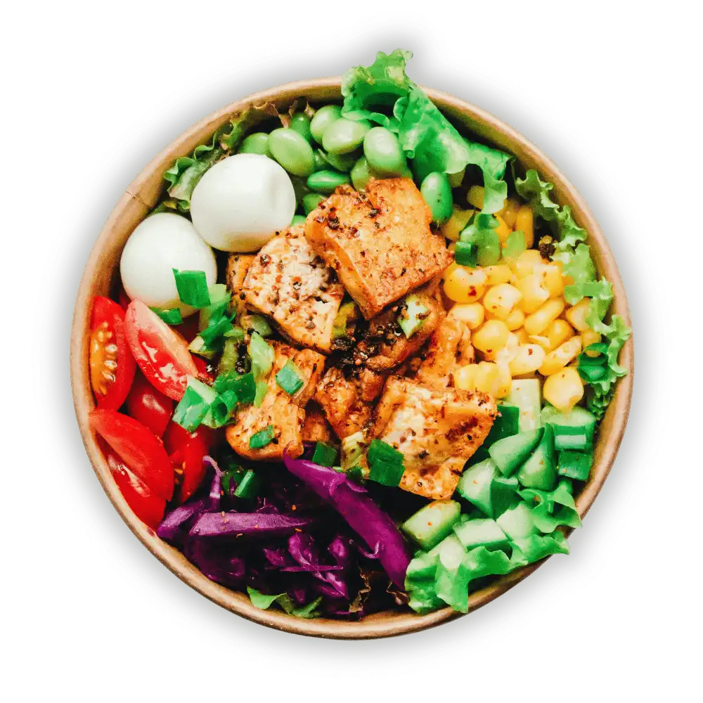 Healthy food bowl with salmon, avocado, and vegetables